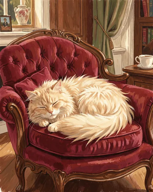 A fluffy long-haired cream Persian cat sleeps curled on a tufted red velvet armchair in a sunlit cozy interior