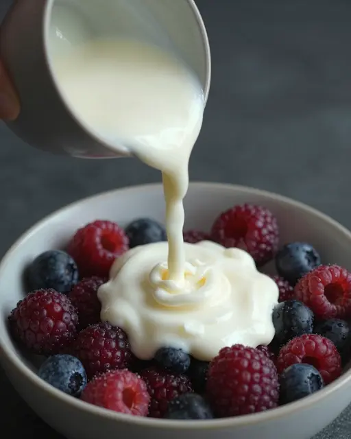 Thick cream pours from a small pitcher into a bowl of fresh raspberries and blueberries in moody low light