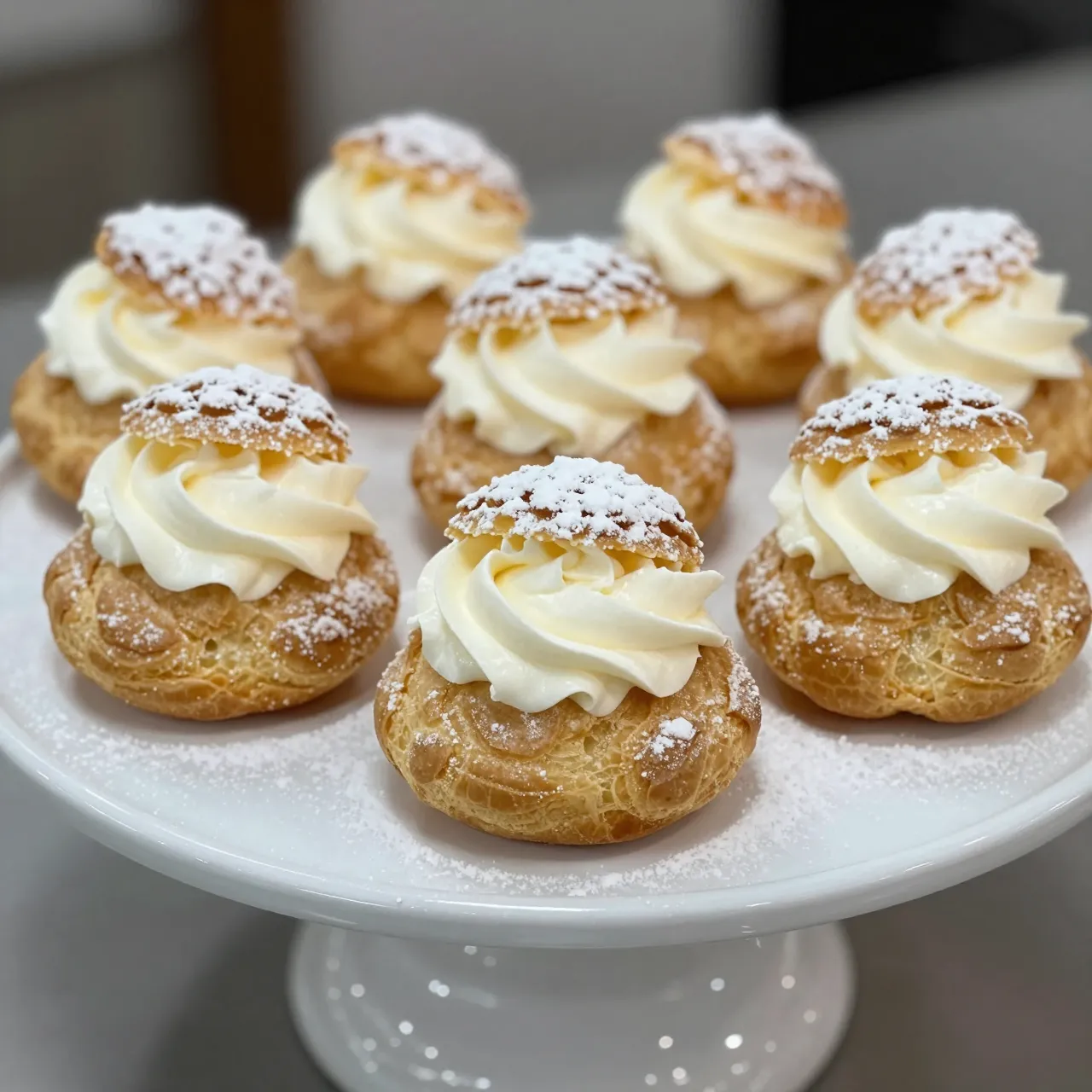 Dusted cream puffs filled with whipped cream are arranged on a white ceramic cake stand.
