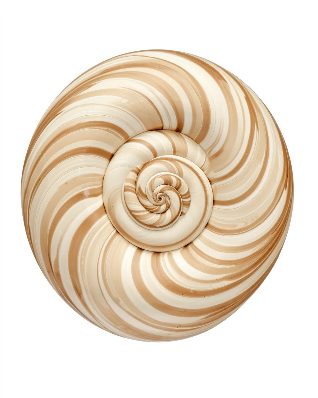 A symmetrical nautilus-style spiral of swirling cream and sand-toned curved bands against a plain white background