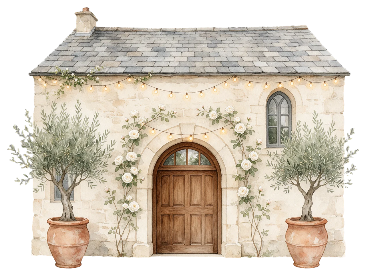Watercolor illustration of a stone farmhouse venue with roses, olive trees and string lights