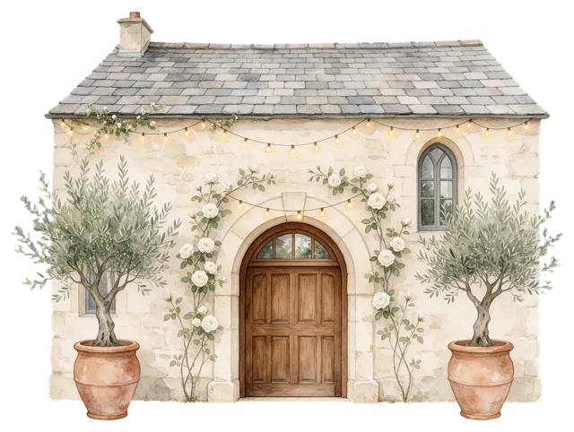 Watercolor illustration of a stone farmhouse venue with roses, olive trees and string lights