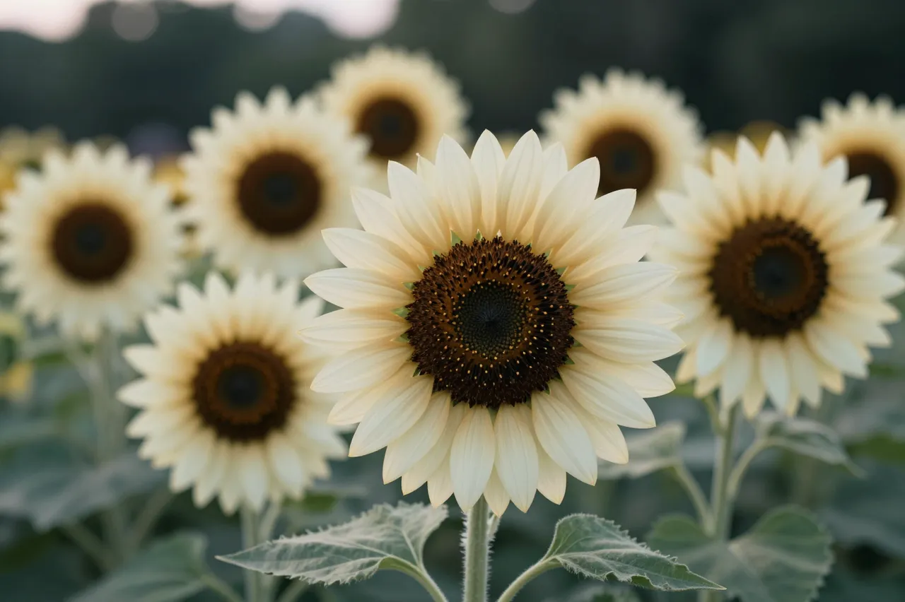 Sharp foreground pale cream sunflower surrounded by matching blooms under soft late summer evening light