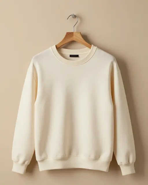 Plain cream crewneck sweatshirt hung on a wooden hanger against a warm beige wall