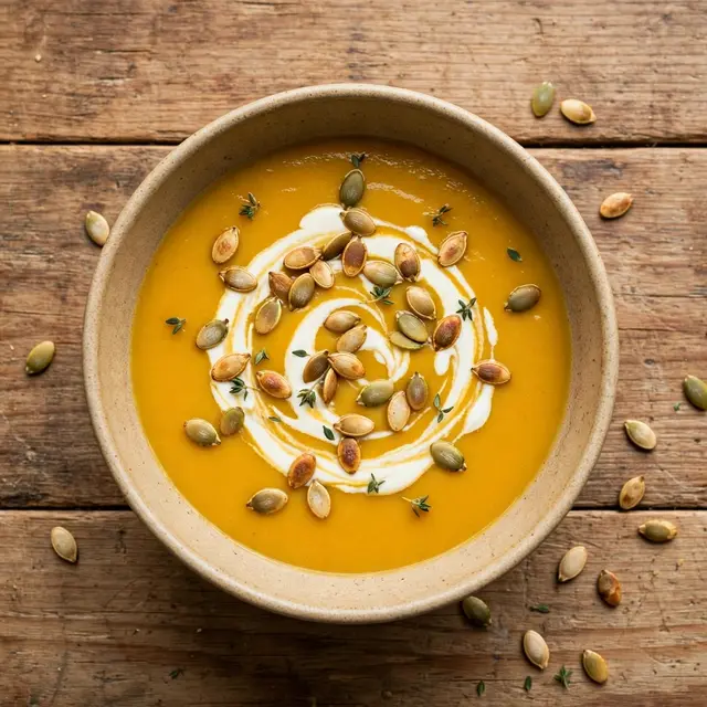 Overhead view of a bowl of butternut squash soup topped with cream swirl, pumpkin seeds and thyme on a rustic wooden table
