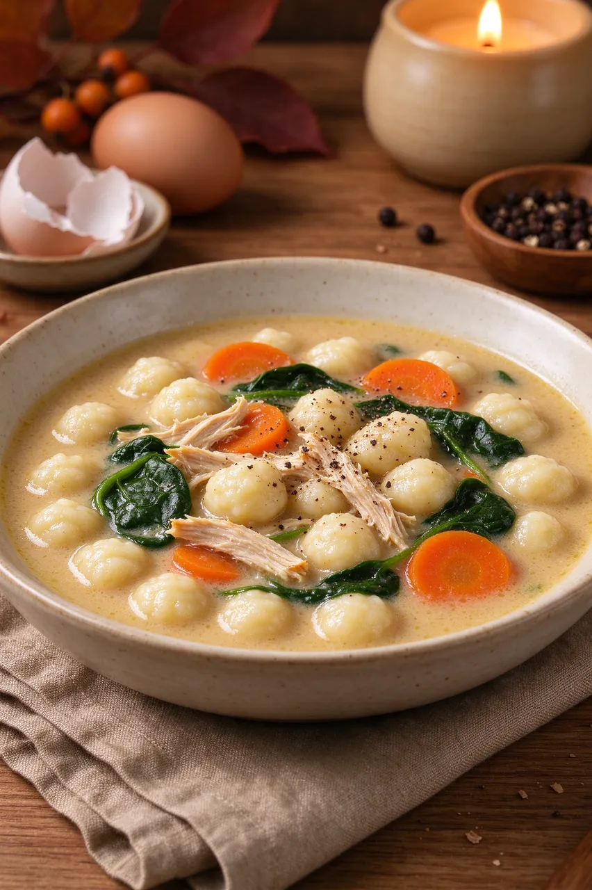 A wide ceramic bowl of creamy chicken gnocchi soup sits on a cozy autumn wooden tabletop with a lit candle and fall decor.