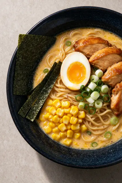 Overhead view of creamy chicken ramen topped with egg, corn, nori and scallions in a dark speckled bowl.