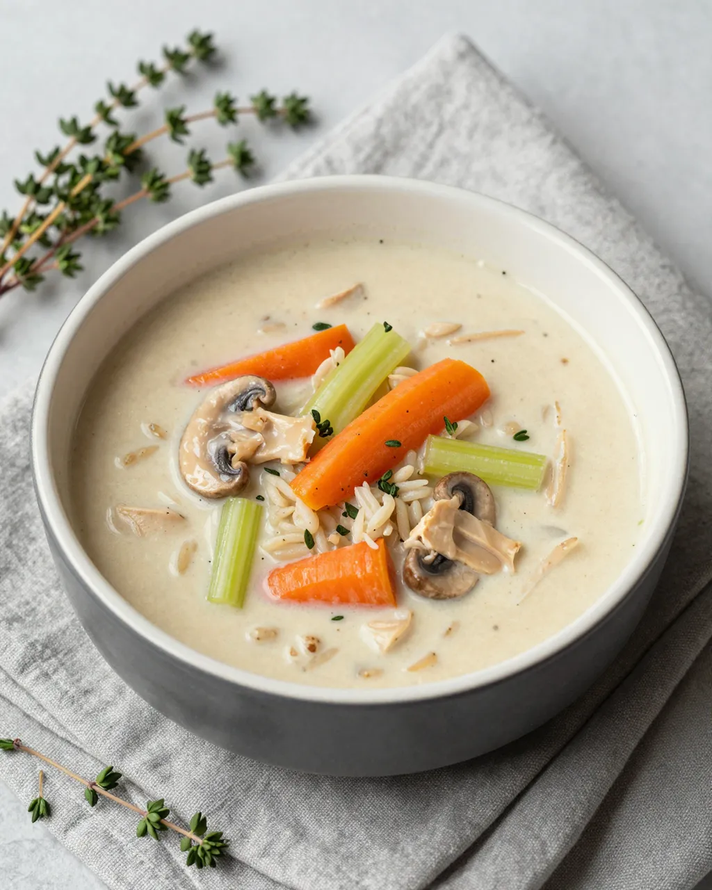 Bowl of creamy chicken wild rice soup with vegetables, thyme sprigs, and a gray linen napkin on a light countertop
