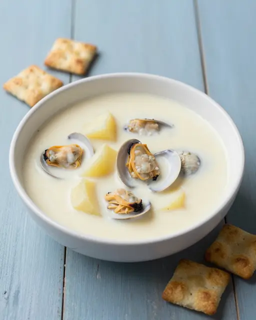 Bowl of creamy clam chowder with shell-on clams, potato chunks and crackers on a pale blue wooden table