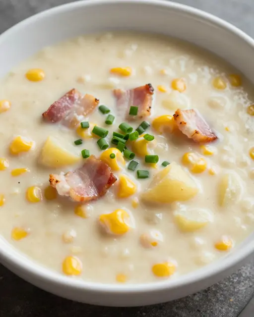 A close-up of creamy corn chowder topped with bacon, potato chunks and chives in a white bowl