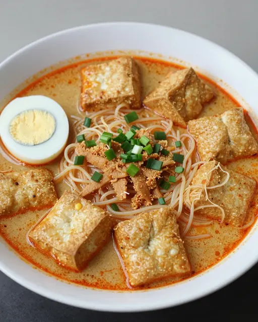 Bowl of creamy curry laksa with noodles, fried tofu puffs, halved boiled egg and chopped green onion toppings
