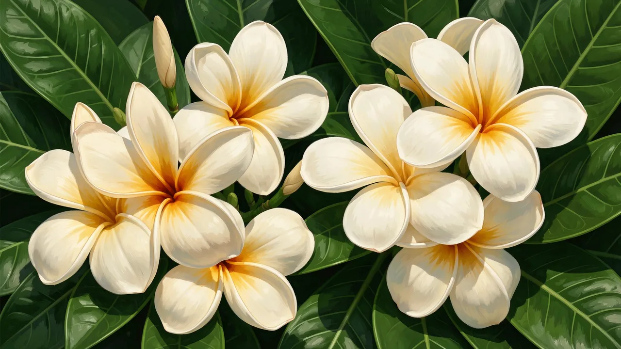 Hand-painted white frangipani flowers with golden centers set against deep glossy green leaves
