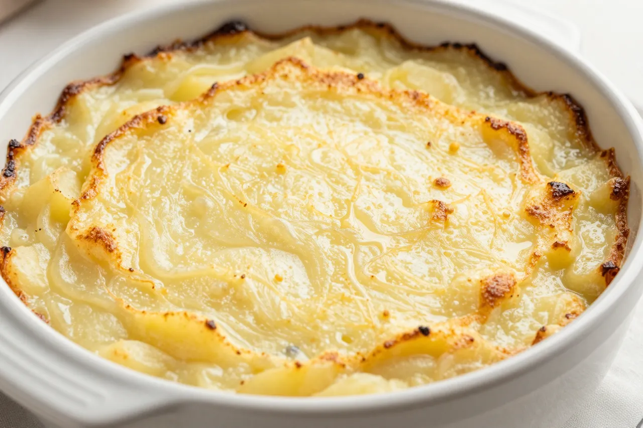 Close-up of freshly baked creamy potato gratin with a crispy golden brown top in a white ceramic baking dish