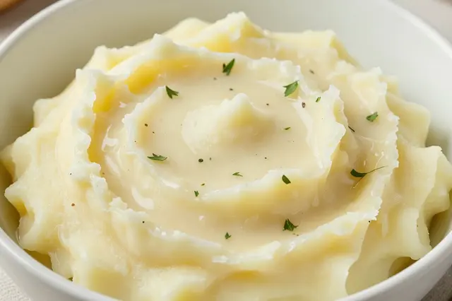 Close-up of a white bowl filled with fluffy mashed potatoes topped with smooth gravy and fresh herb sprinkles