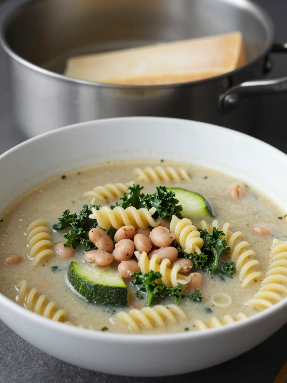 Bowl of vegetable pasta soup with a parmesan rind in a stainless steel pot behind it