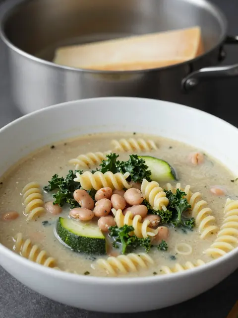 Bowl of vegetable pasta soup with a parmesan rind in a stainless steel pot behind it