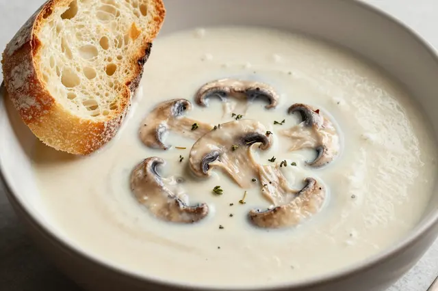 Bowl of creamy mushroom soup topped with sliced mushrooms, thyme, and a crusty bread slice resting on the bowl edge