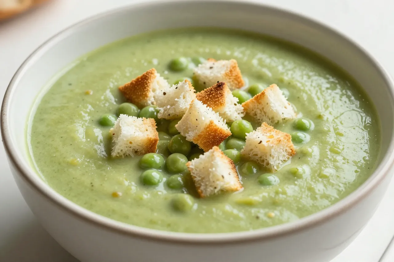 A rustic bowl of creamy split pea soup topped with whole peas and toasted croutons