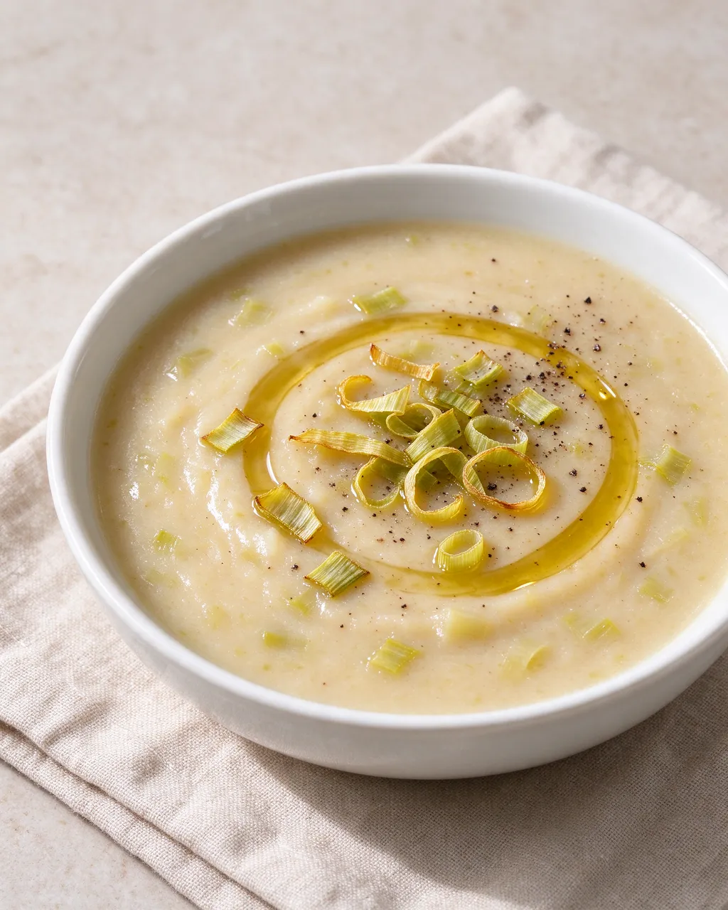 Bowl of creamy potato leek soup topped with olive oil, crispy leeks and pepper resting on a linen napkin