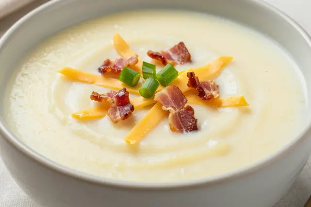 A close-up of creamy potato soup in a ceramic bowl topped with cheddar strips, crumbled bacon and sliced scallions