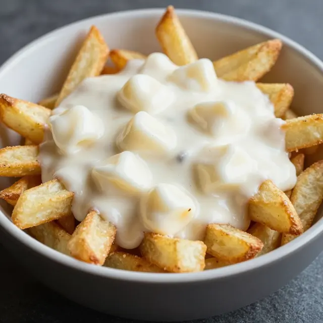 A close-up view of a bowl of french fries topped with creamy white sauce and soft curds on a dark countertop