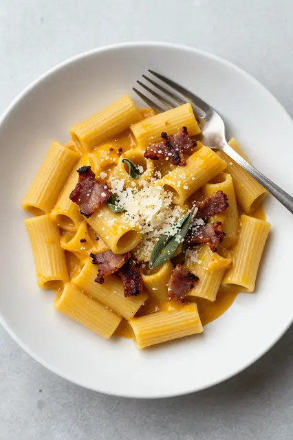 Overhead view of a bowl of creamy rigatoni pasta topped with pancetta, sage, parmesan and a resting fork