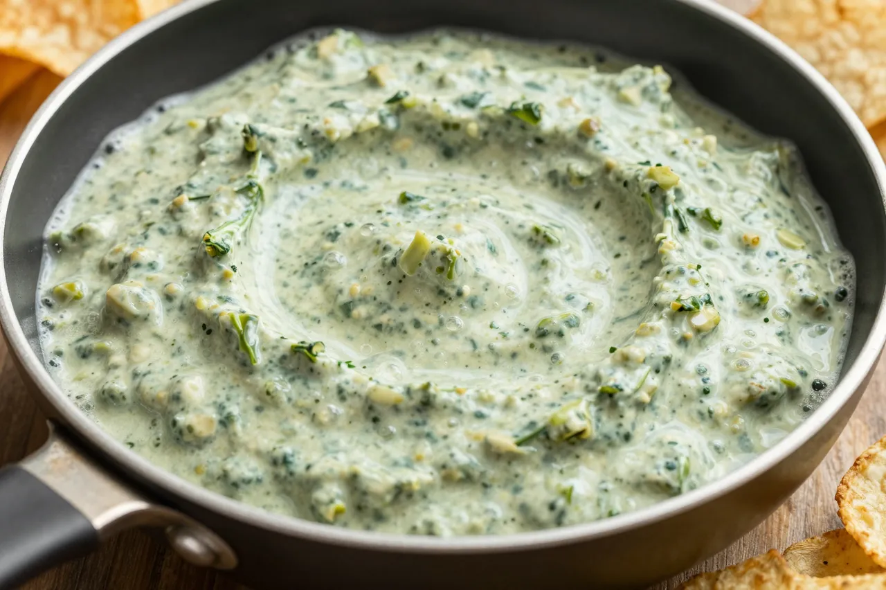 Bubbling creamy spinach artichoke dip served in a small skillet with tortilla chips along the edge