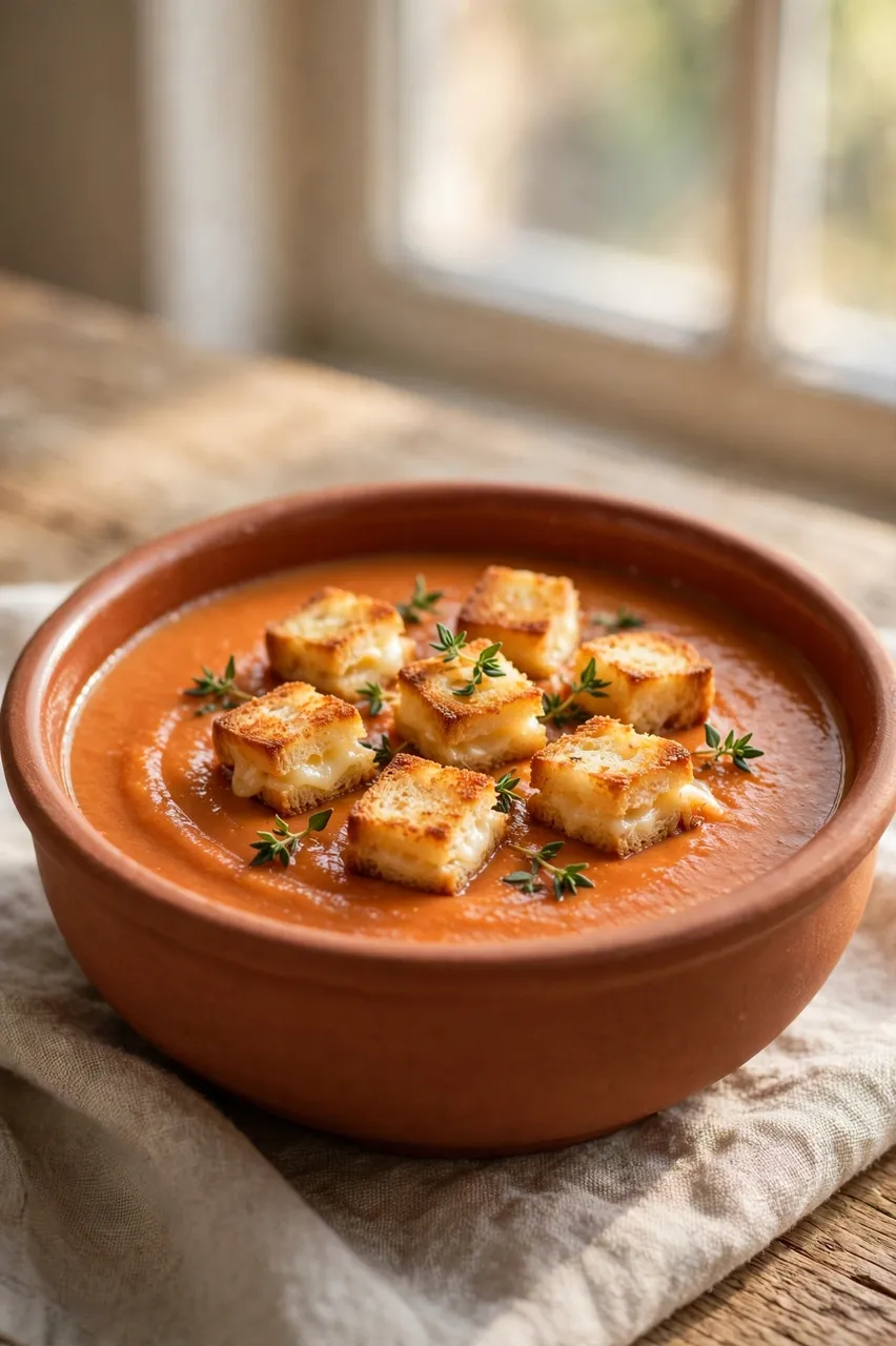 Terracotta bowl of creamy tomato soup topped with mini grilled cheese croutons and fresh thyme by a sunlit window