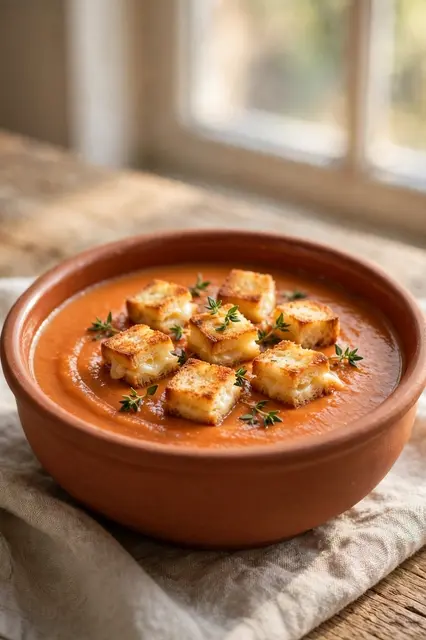 Terracotta bowl of creamy tomato soup topped with mini grilled cheese croutons and fresh thyme by a sunlit window