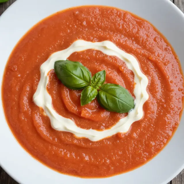 Top down view of creamy tomato soup topped with a cream swirl and fresh basil leaves in a white bowl