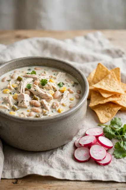 Stoneware bowl of creamy white chicken chili sits with tortilla chips, sliced radishes and cilantro on a linen cloth.