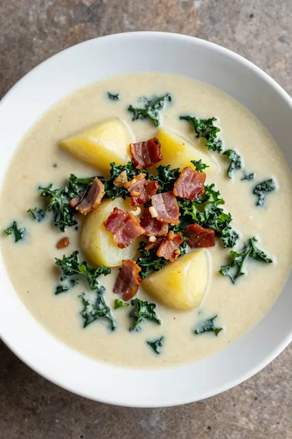 Overhead view of a bowl of creamy kale potato and bacon zuppa toscana soup on a rustic table