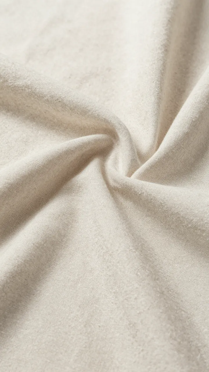 Close-up of soft creased oatmeal linen fabric with deep gentle folds and warm diffused light