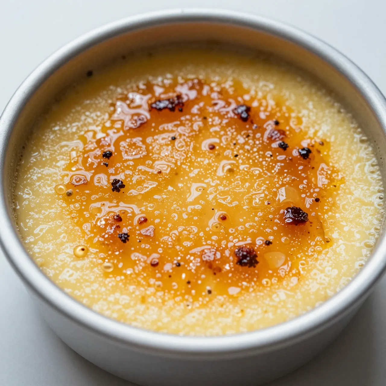 Close-up top view of a creme brulee with caramelized sugar top in a metal baking dish