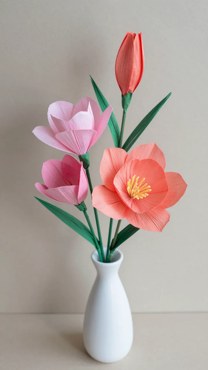 Handmade pink and coral crepe paper flowers arranged in a small white vase against a neutral beige background