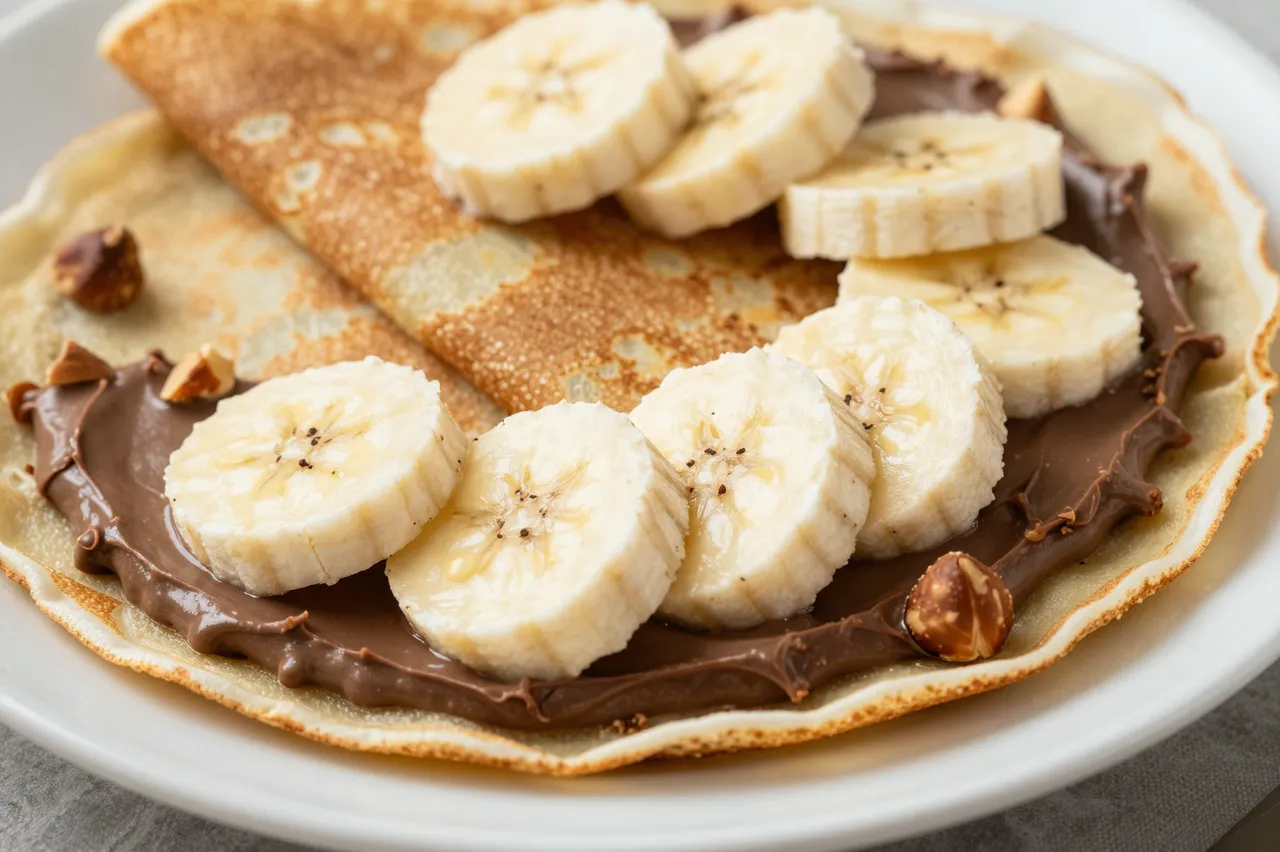 A plated crepe topped with hazelnut chocolate spread, sliced banana, and whole hazelnuts.