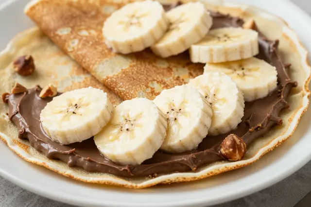 A plated crepe topped with hazelnut chocolate spread, sliced banana, and whole hazelnuts.