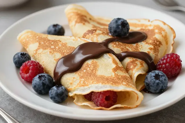 Folded golden crepes on a white plate topped with chocolate sauce, fresh blueberries and raspberries