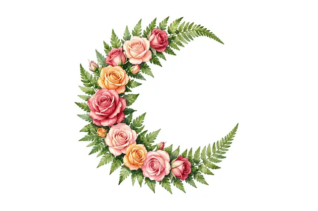 Watercolor crescent floral wreath of pink, peach and orange roses with fern foliage on a plain white background