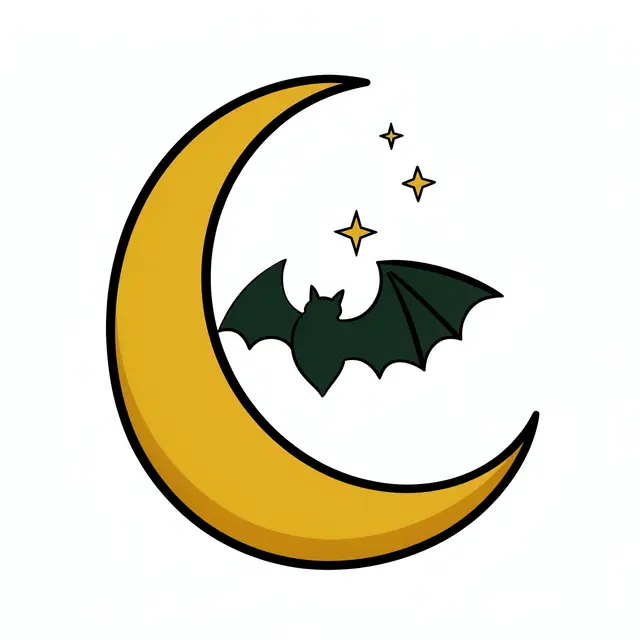 Flat clipart illustration of a golden crescent moon, dark green bat, and sparkly stars on a plain white background