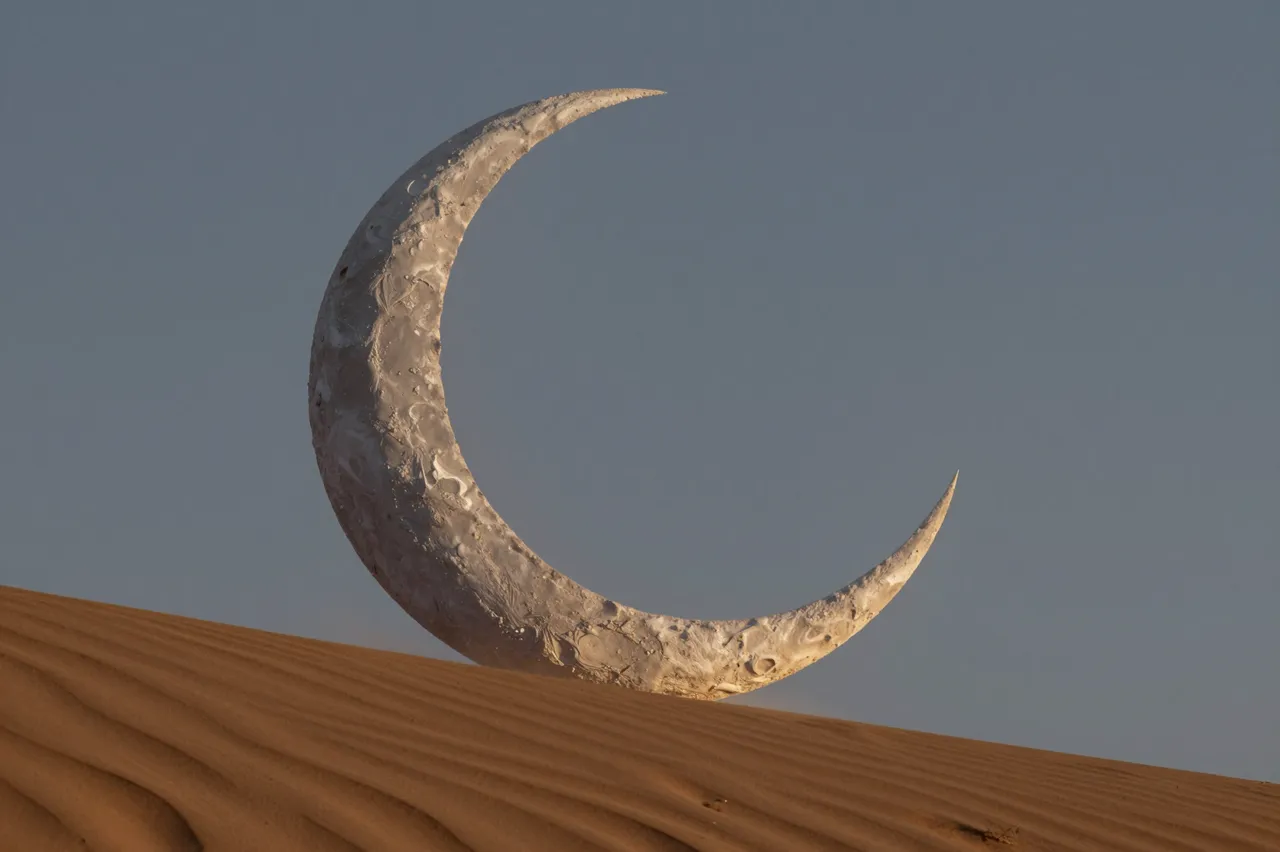 A large textured crescent moon sculpture rests on a rippled sand dune under a pale dusk sky