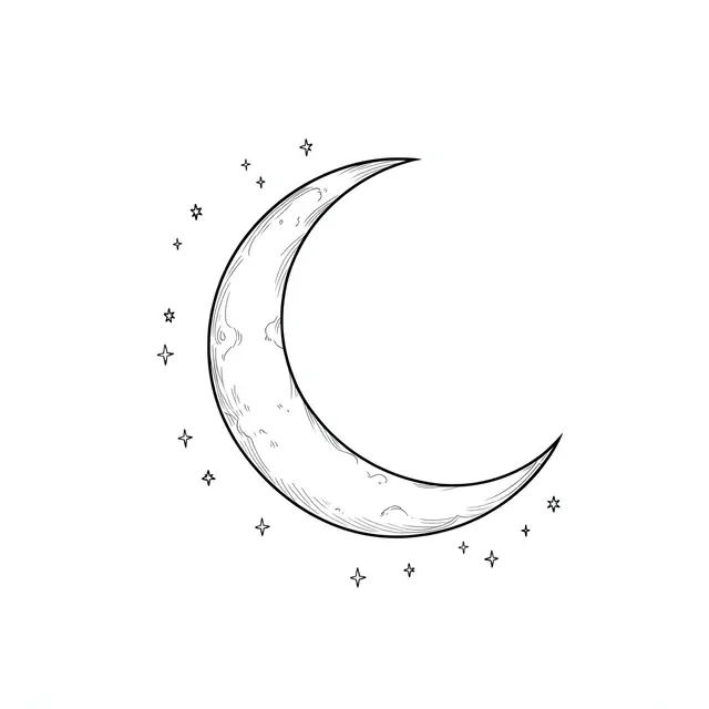 Fine line drawing of a crescent moon surrounded by small stylized stars on a plain white background