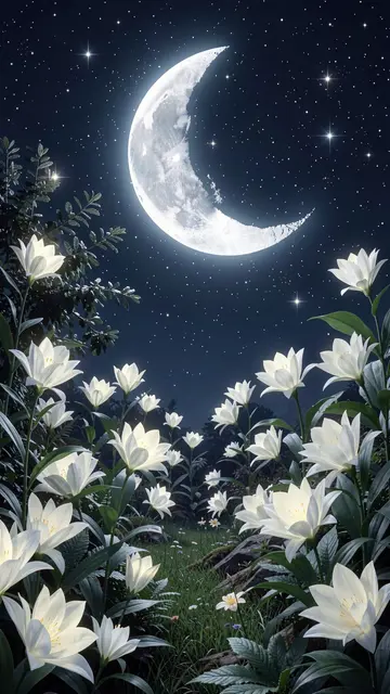 Glowing white moonflowers fill a night garden beneath a bright crescent moon and starry sky