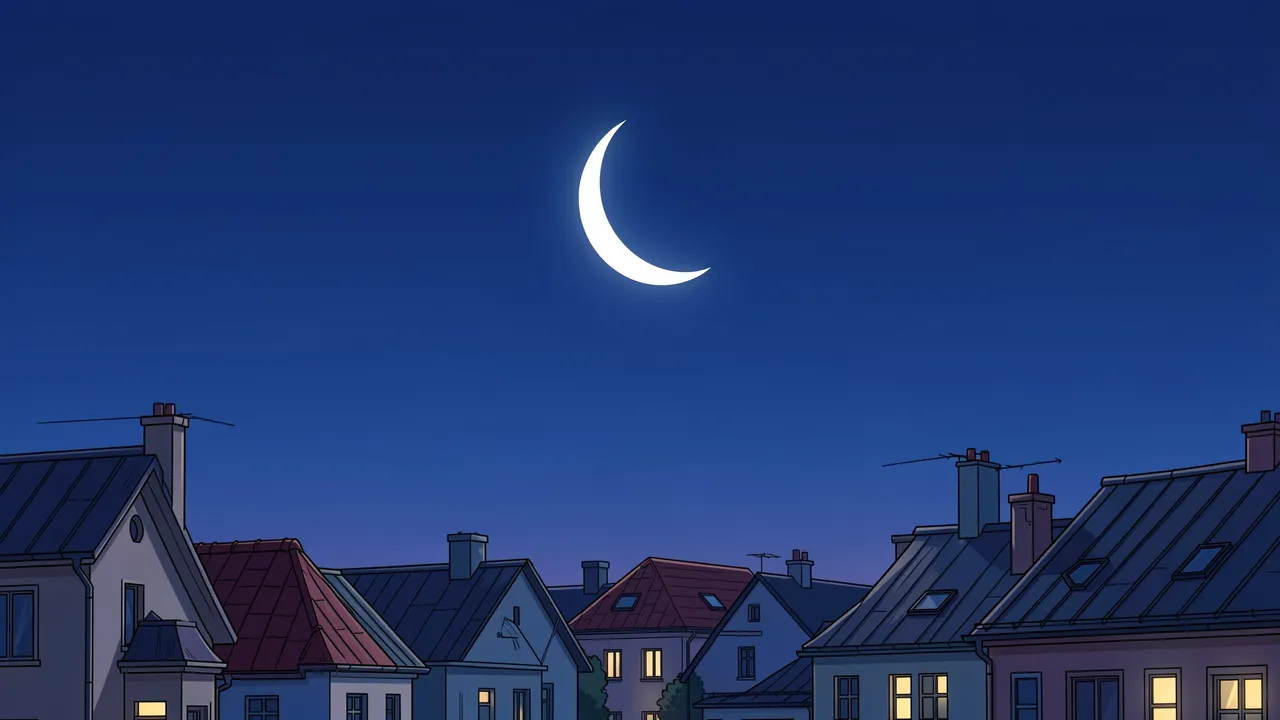 Anime style illustration of a thin crescent moon above residential rooftops under a deep blue twilight sky