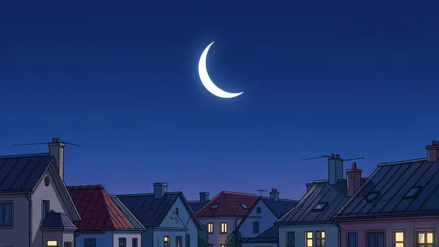 Anime style illustration of a thin crescent moon above residential rooftops under a deep blue twilight sky