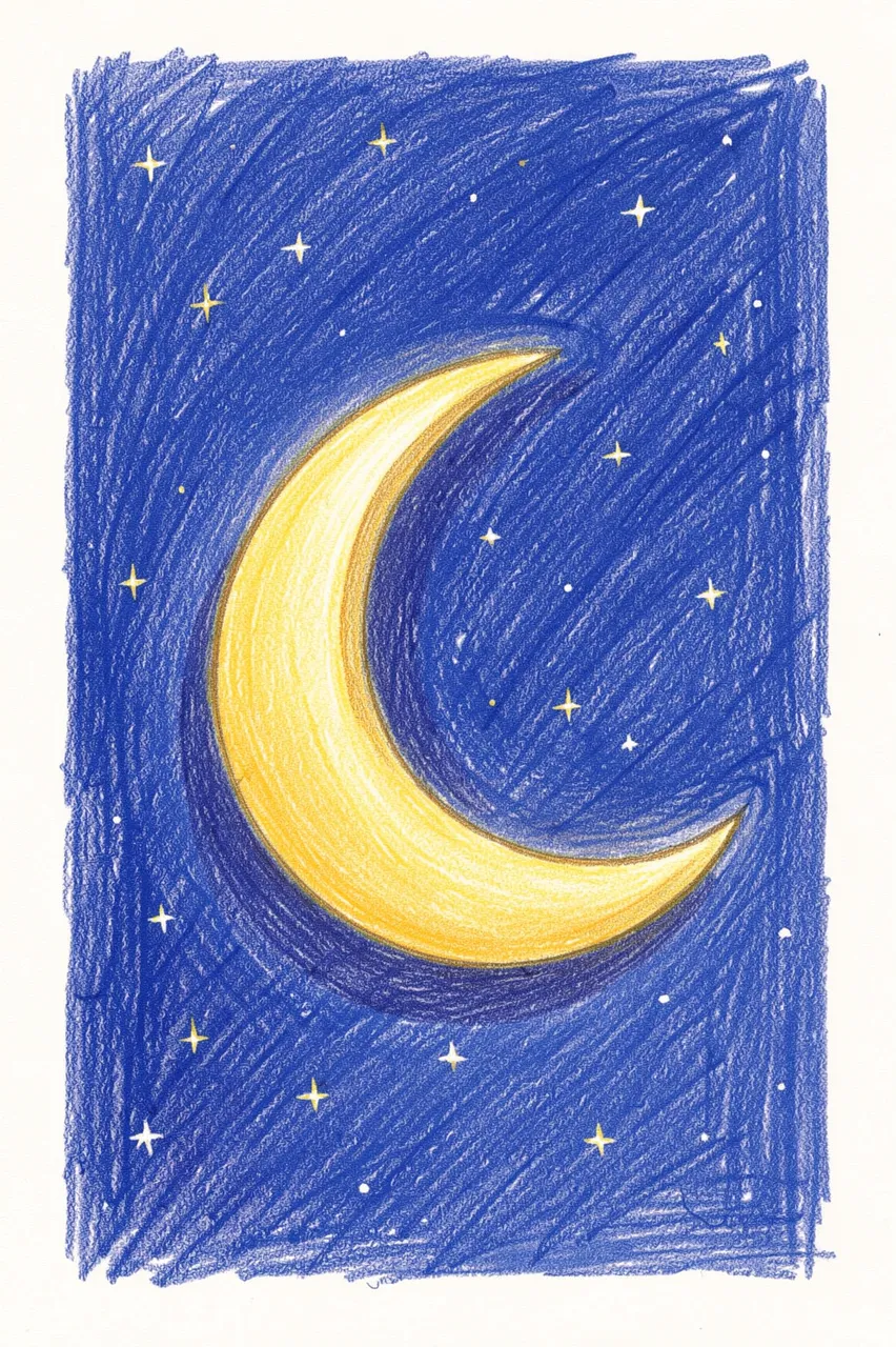 Colored pencil drawing of a golden crescent moon surrounded by stars on a deep blue night sky