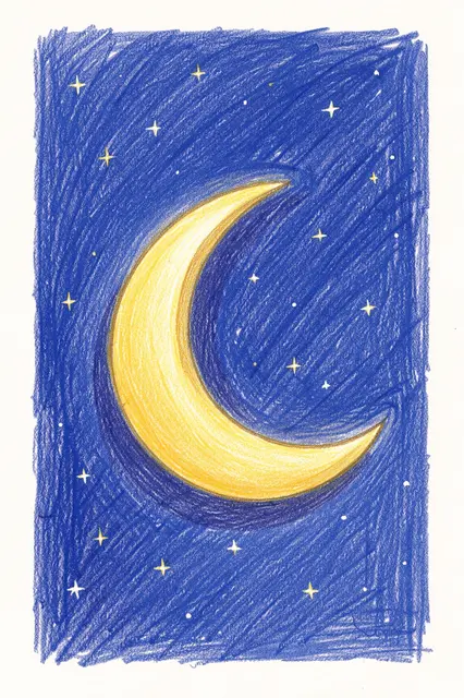 Colored pencil drawing of a golden crescent moon surrounded by stars on a deep blue night sky
