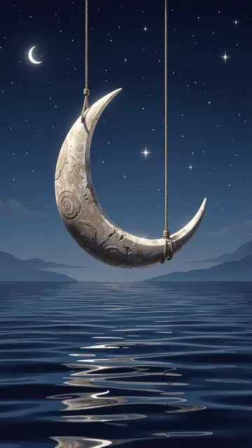 Ornate crescent moon swing hangs from ropes above calm starry night sea with distant mountains