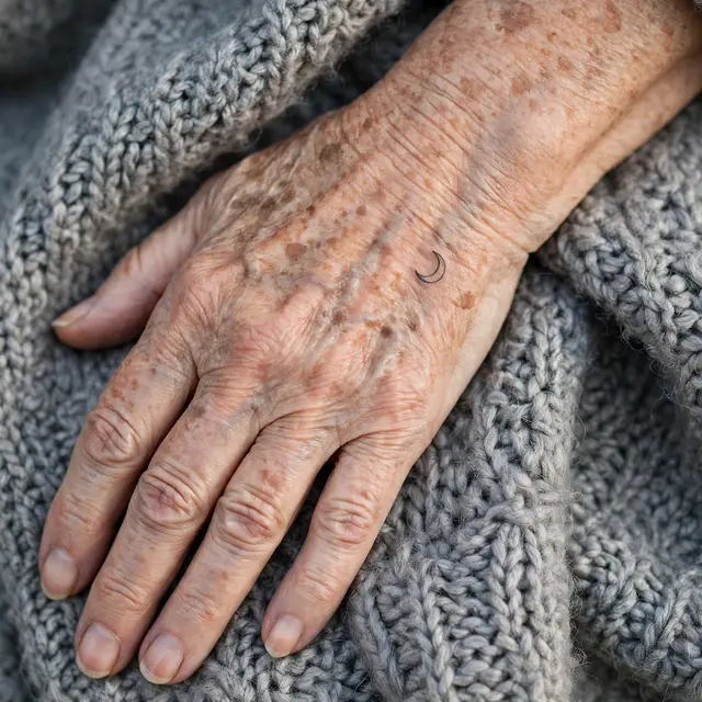 Close-up of an older adult's hand with a small crescent moon tattoo resting on grey knit wool fabric