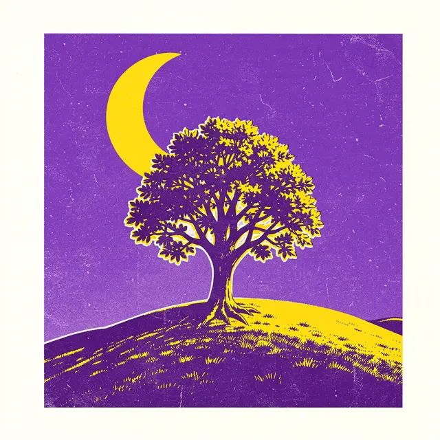 Risograph print of a lone tree on a hill under a bright yellow crescent moon against a purple sky
